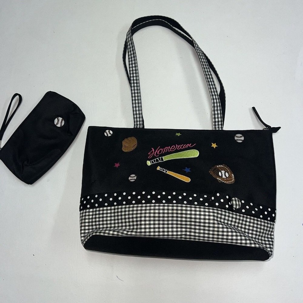 Baseball Theme Shoulder Bag Tote Purse Cosmetic Case Black White Mom Home Run